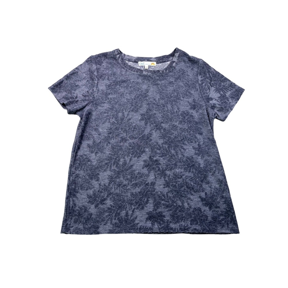 C&C California Terry Cloth Tropical Palm Print Tee Womens Large Blue